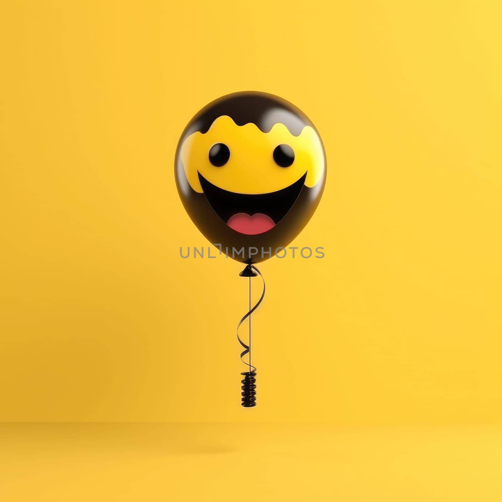A cheerful emoji balloon floats against a vibrant yellow background, symbolizing happiness and celebration.