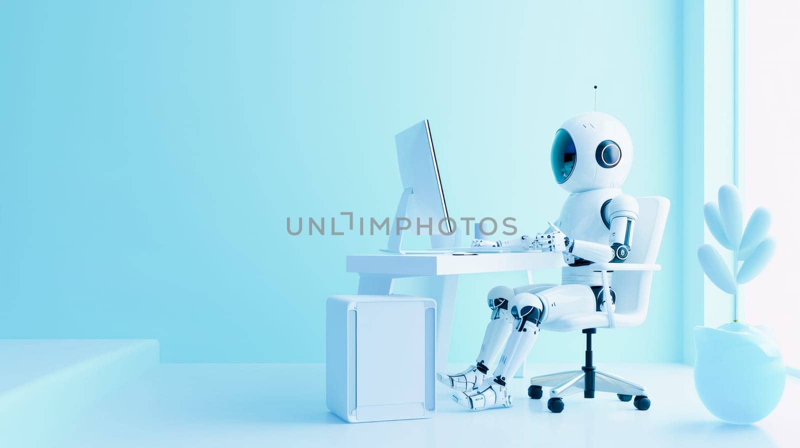 A futuristic robot seated at a minimalist home office setup, epitomizing modern telecommuting.