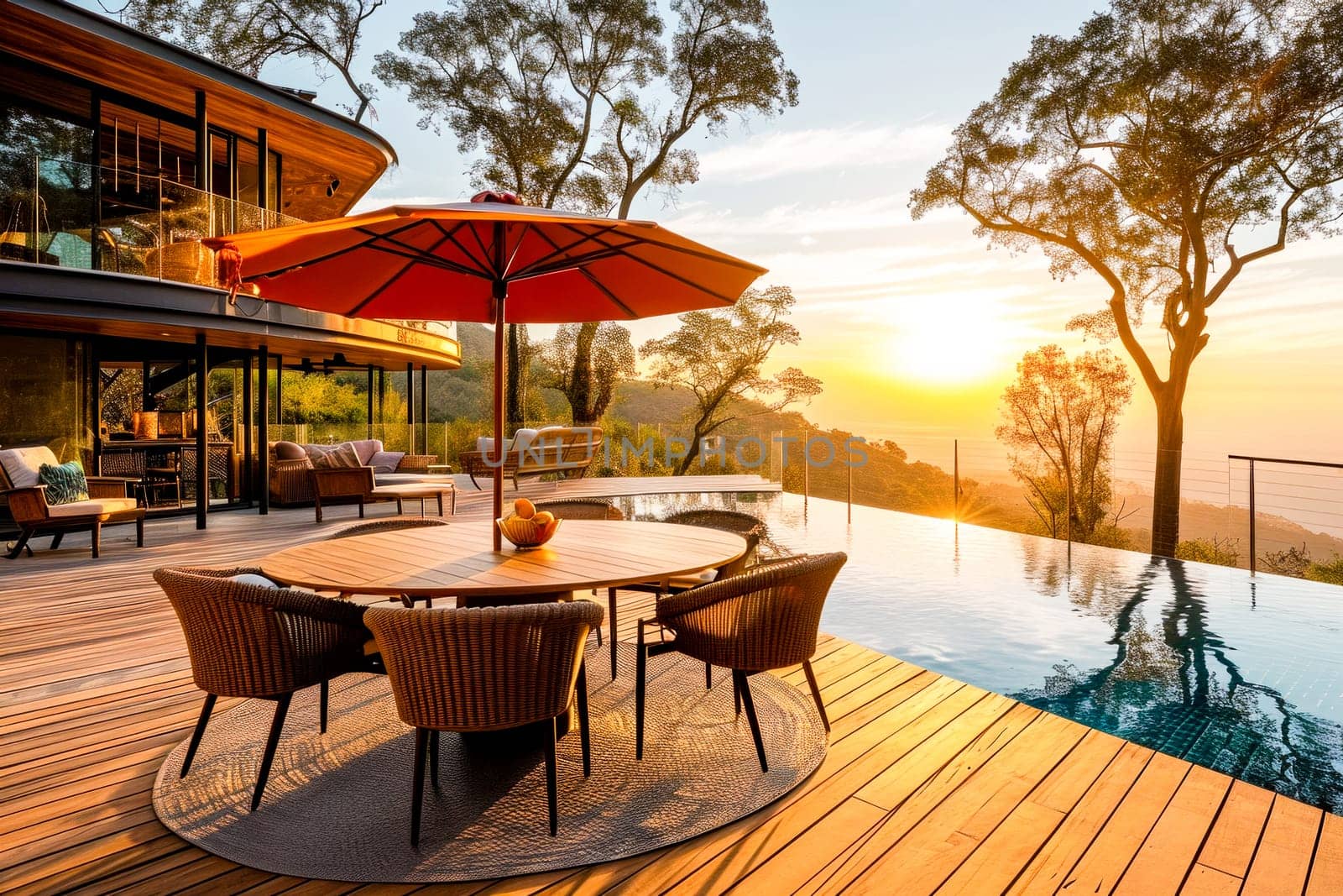 A luxury outdoor pool area with a seating arrangement overlooking a sunset and wooded area. for real estate listings or travel brochures