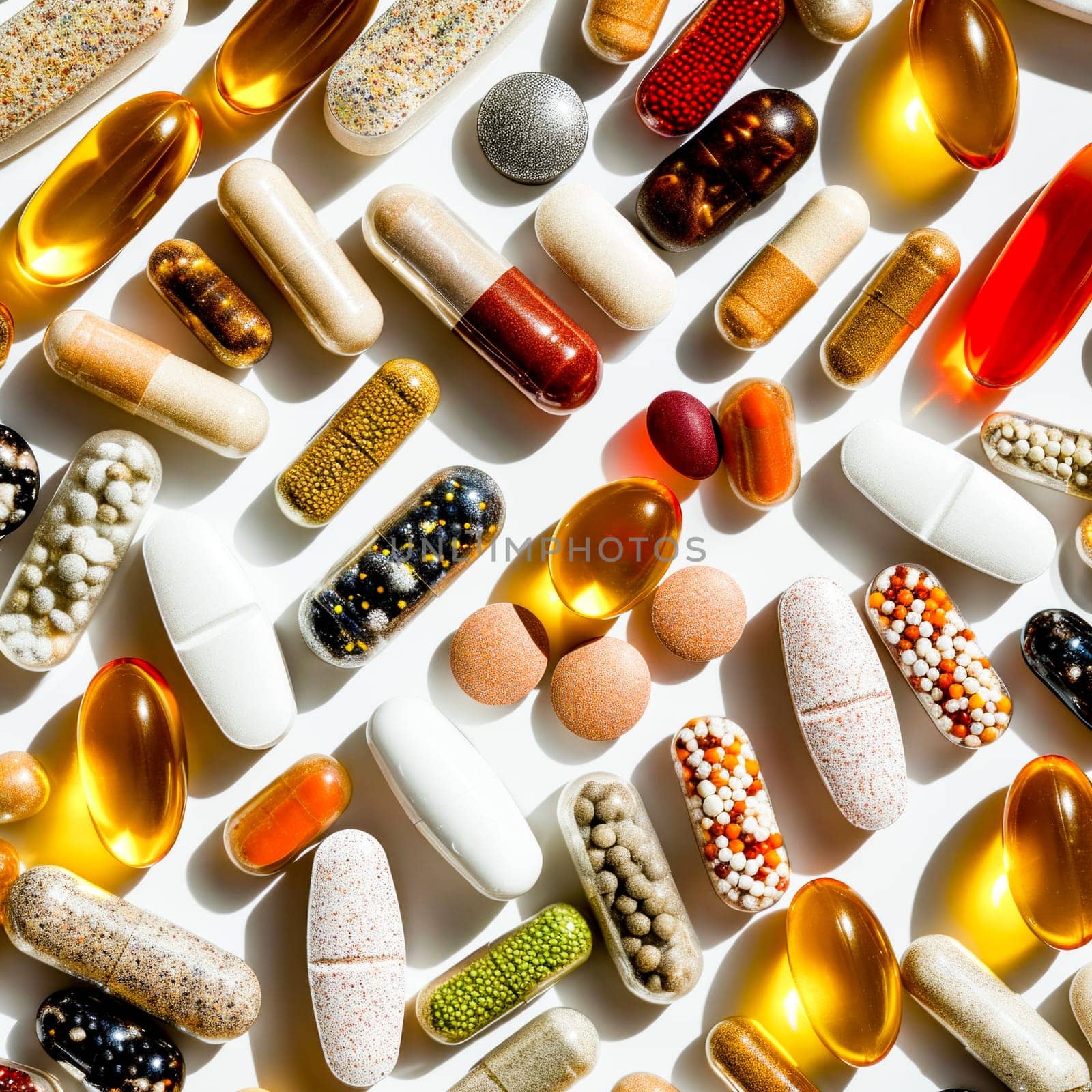 A close-up view of various dietary supplements and vitamins in capsule and tablet forms.