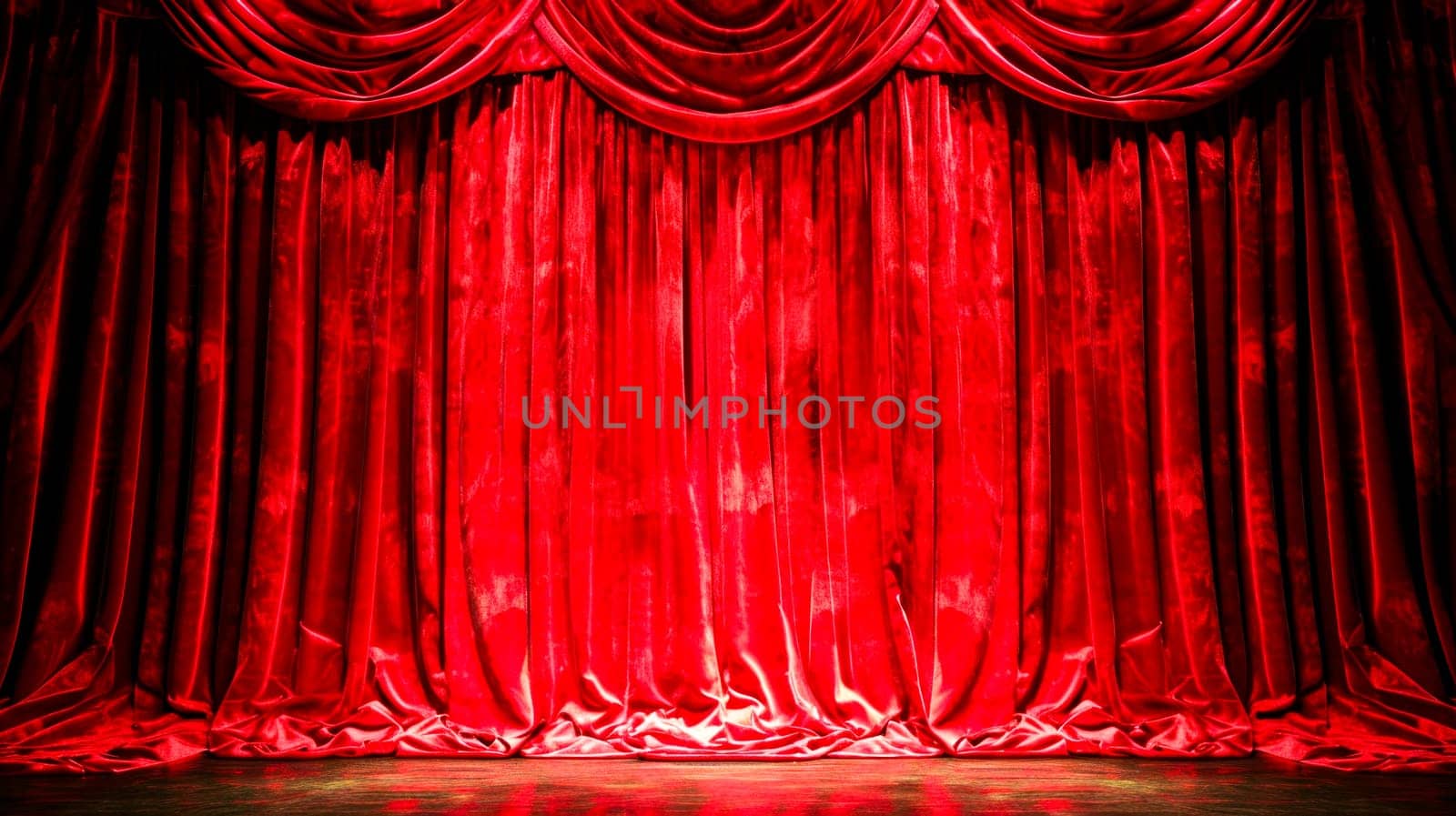 Luxurious deep red velvet curtains of a grand theater stage ready for a performance..