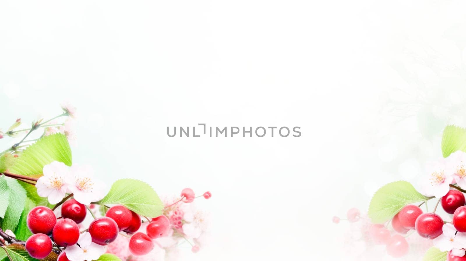 Delicate botanical design with white flowers, red berries and green leaves, perfect for a fresh and natural wallpaper or notepad sheet.Floral Botanical Wallpaper Design