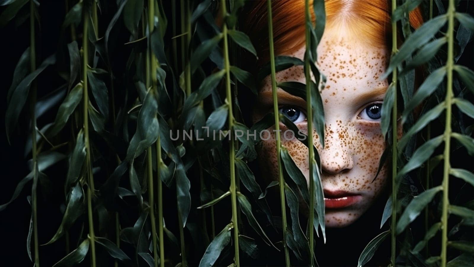 A close-up of a child looking through bamboo leaves, her eyes reflecting a sense of wonder and curiosity.