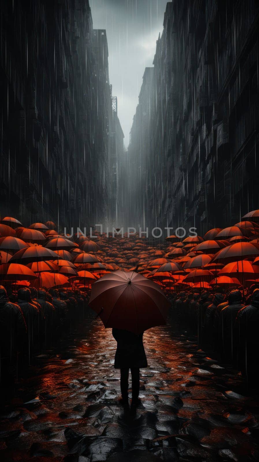Rainy Solitude. A solitary figure stands among red umbrellas on a rainy street, evoking a feeling of solitude amidst the crowd.