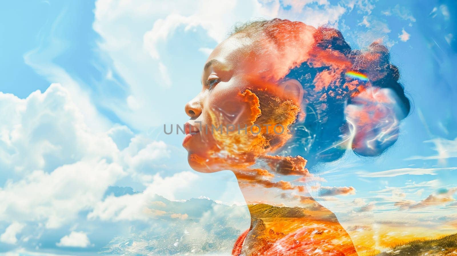 A composite image blending a woman's profile with vibrant clouds and landscapes. Copy space.Essence of a Dreamer.