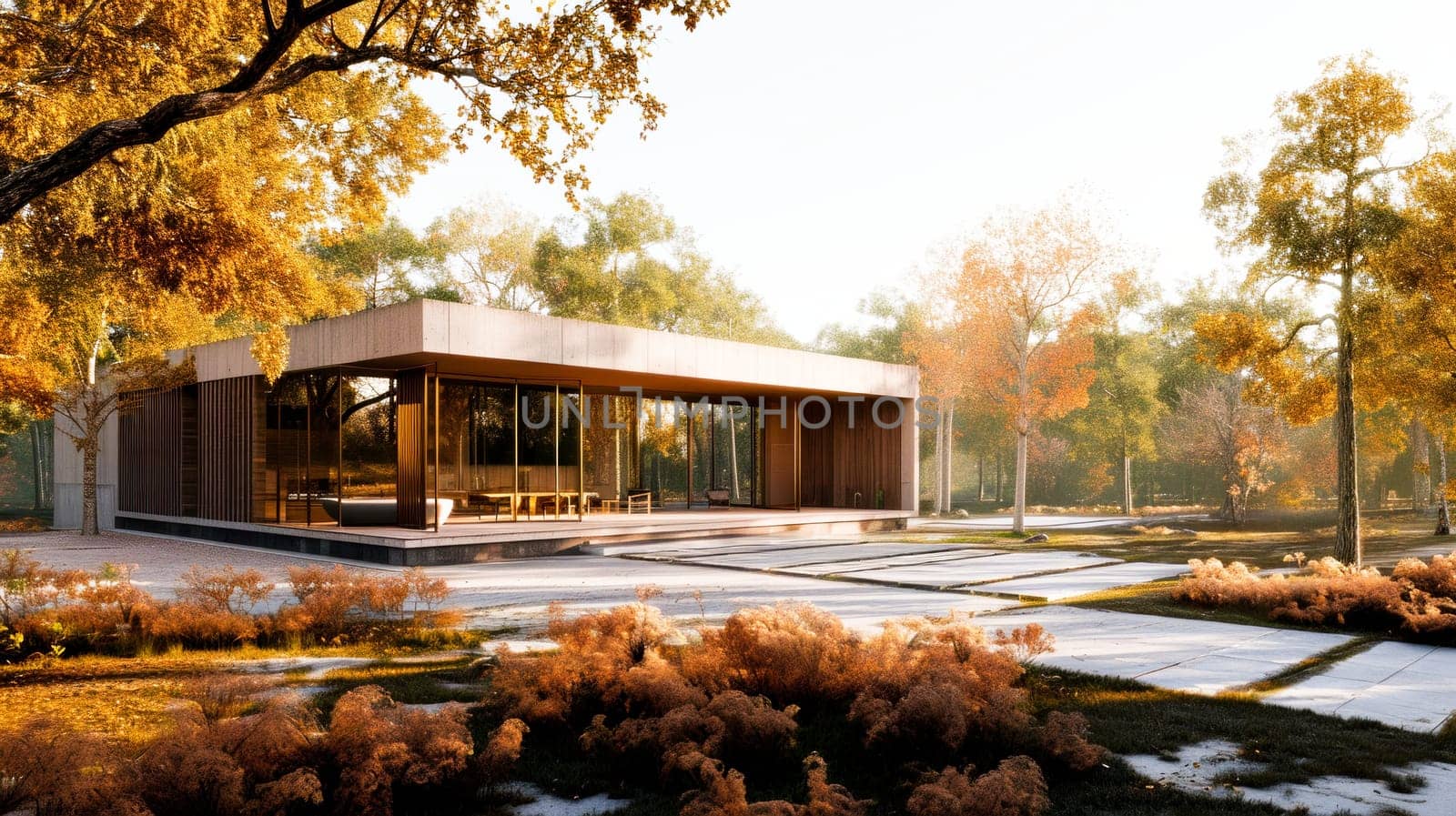 Modern glass pavilion surrounded by trees with autumn foliage in a tranquil park setting, bathed in golden light.