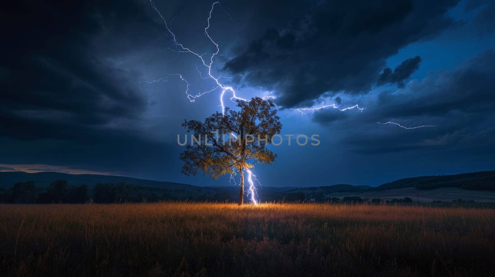 A lone tree stands in a field, illuminated by the stark contrast of lightning against a tumultuous night sky, highlighting nature's drama.