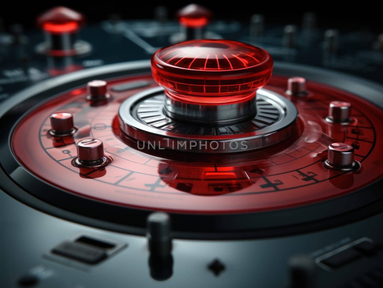 Detailed close-up of the device's control panel with glowing red buttons in a high-tech design.