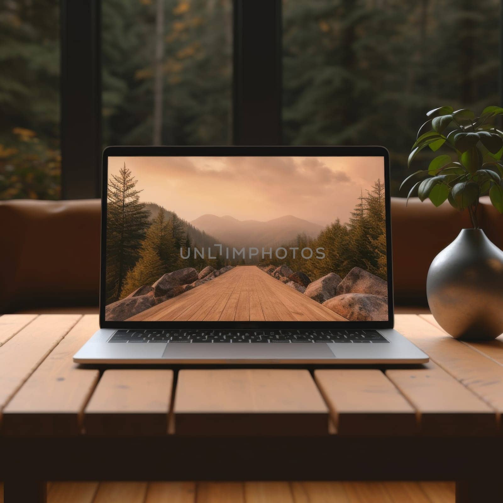 A laptop on a wooden table depicting a serene forest road  a concept that combines indoor comfort with the charm of nature.