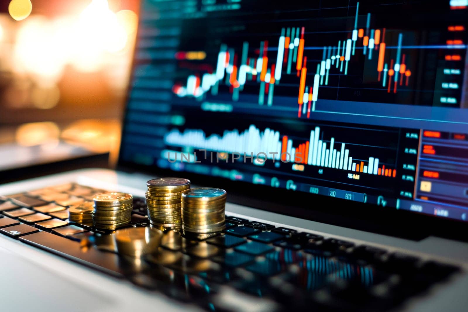 Laptop screen displaying vibrant stock market data with stacks of coins for financial growth concept. Bokeh background.