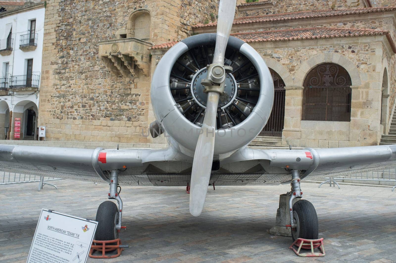 Caceres, Spain - May 27th, 2021: North American Aviation T-6 Texan. Spanish military aviation exhibition. Caceres main square, Spain