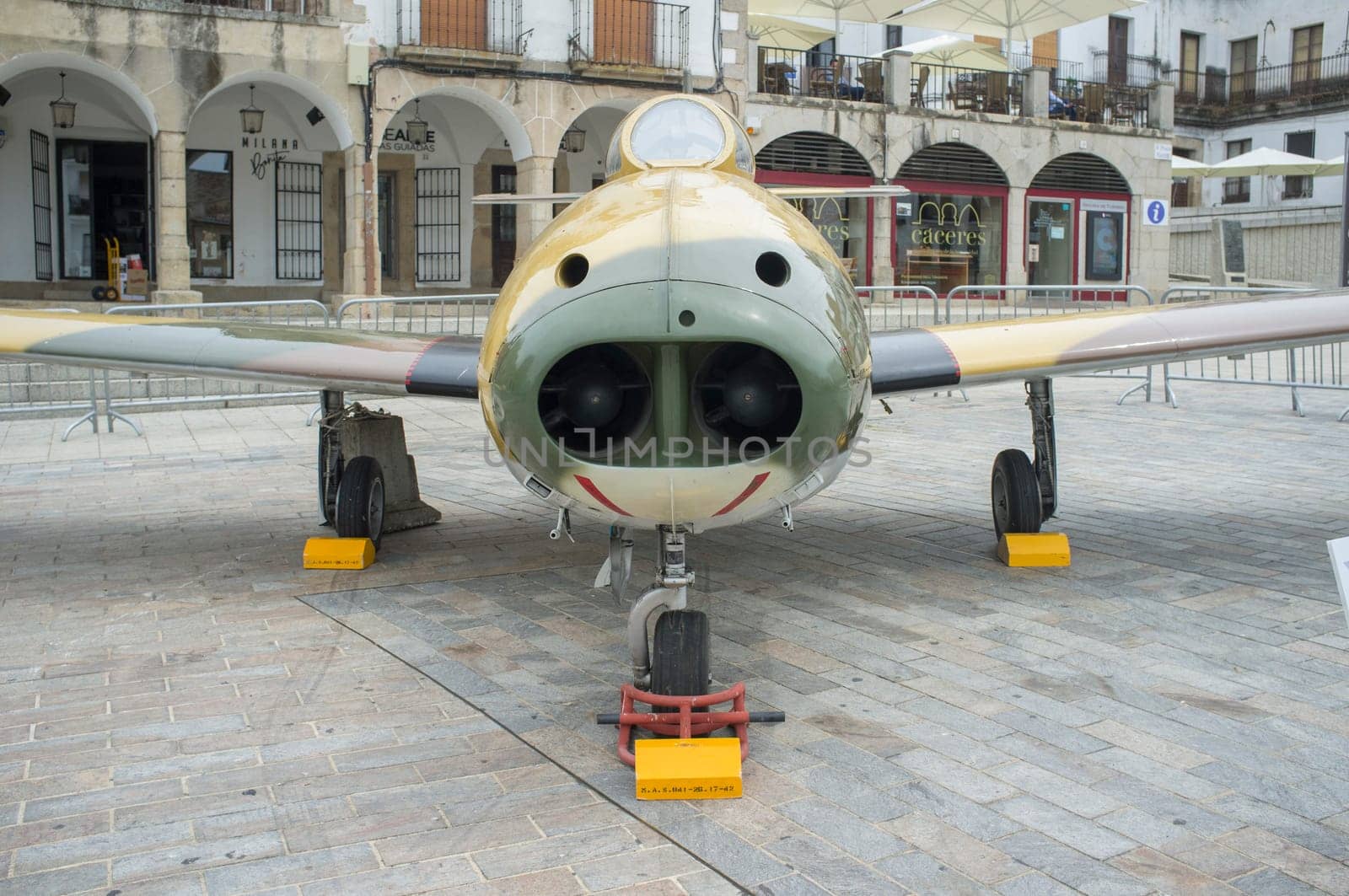 Caceres, Spain - May 27th, 2021: Hispano HA-200 Saeta. Spanish military aviation exhibition, Caceres Main Square, Spain