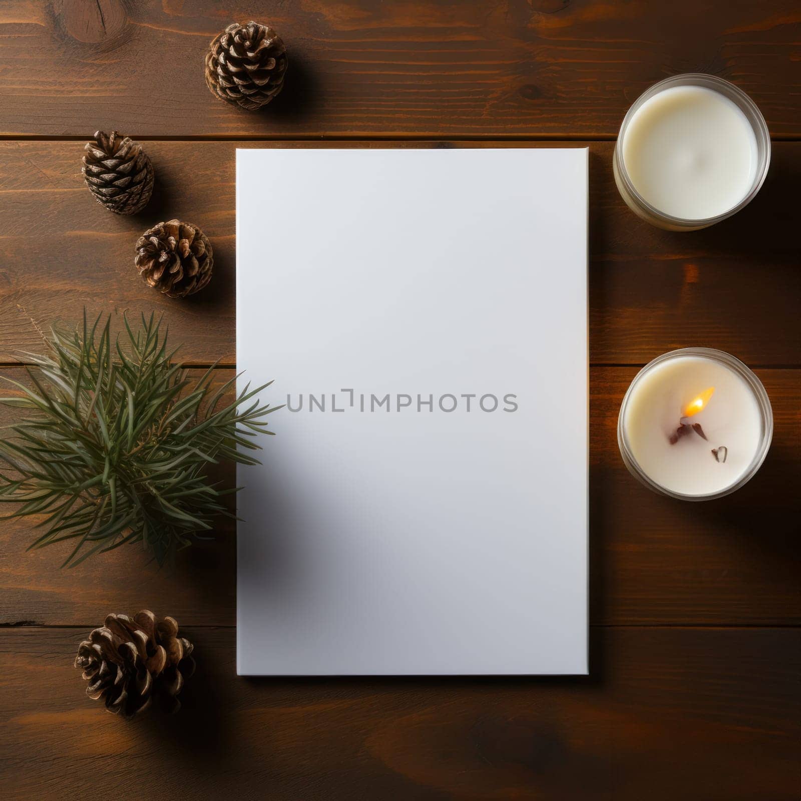 Flat blank canvas surrounded by pinecones and candles, with copy space.