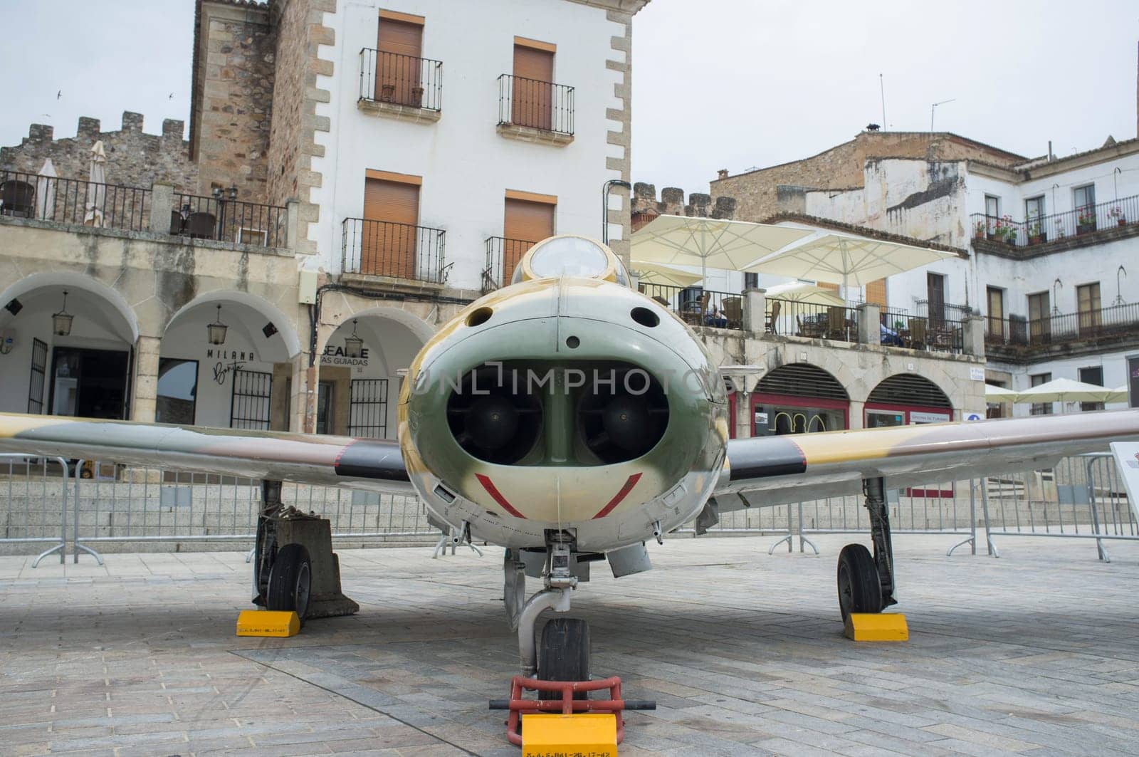 Caceres, Spain - May 27th, 2021: Hispano HA-200 Saeta. Spanish military aviation exhibition, Caceres Main Square, Spain