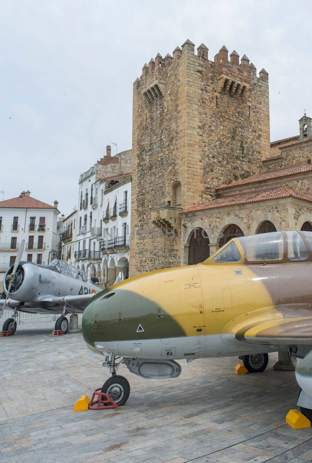 Caceres, Spain - May 27th, 2021: Spanish military aviation exhibition. Caceres main square, Spain