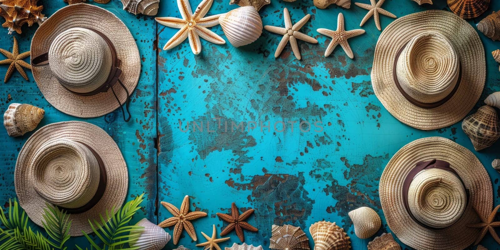 Straw hat, starfish and seashells on blue wooden background
