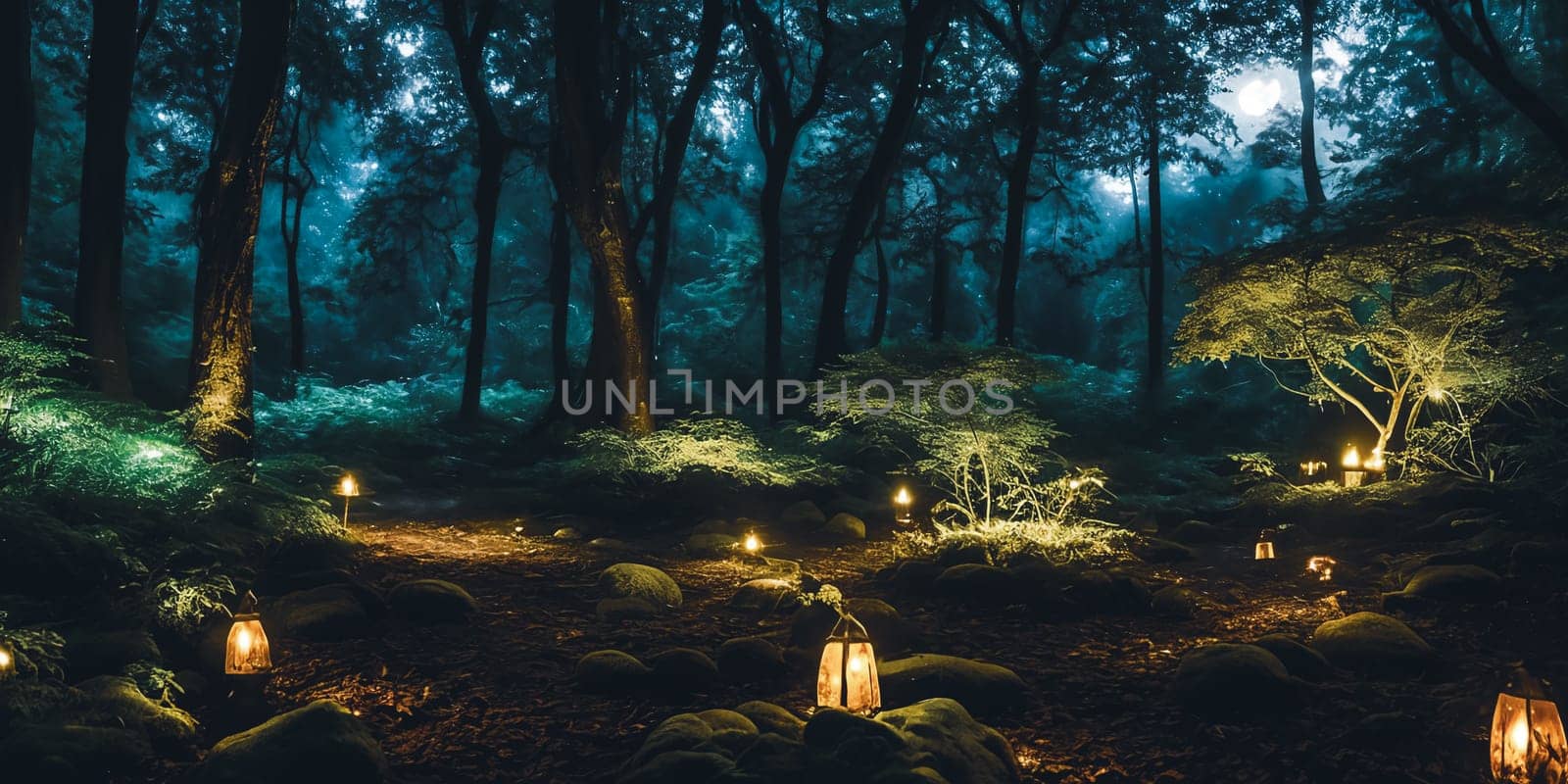 Moonlit Forest Glade. Amidst ancient trees, a moonbeam illuminates a hidden glade. Dew-kissed mushrooms glow softly, and fireflies dance in the night. Ethereal beauty of this mystical meeting place.