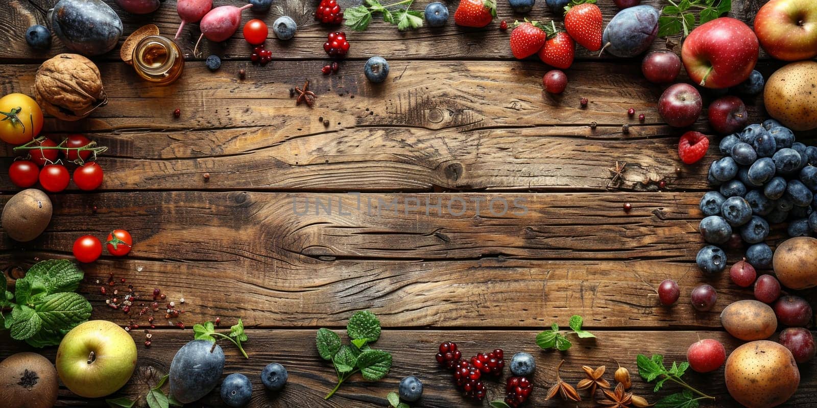 Organic fruits and vegetables displayed on a rustic wooden table