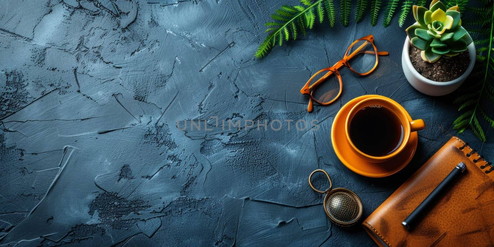 Coffee cup, notebook, glasses and plant on dark background