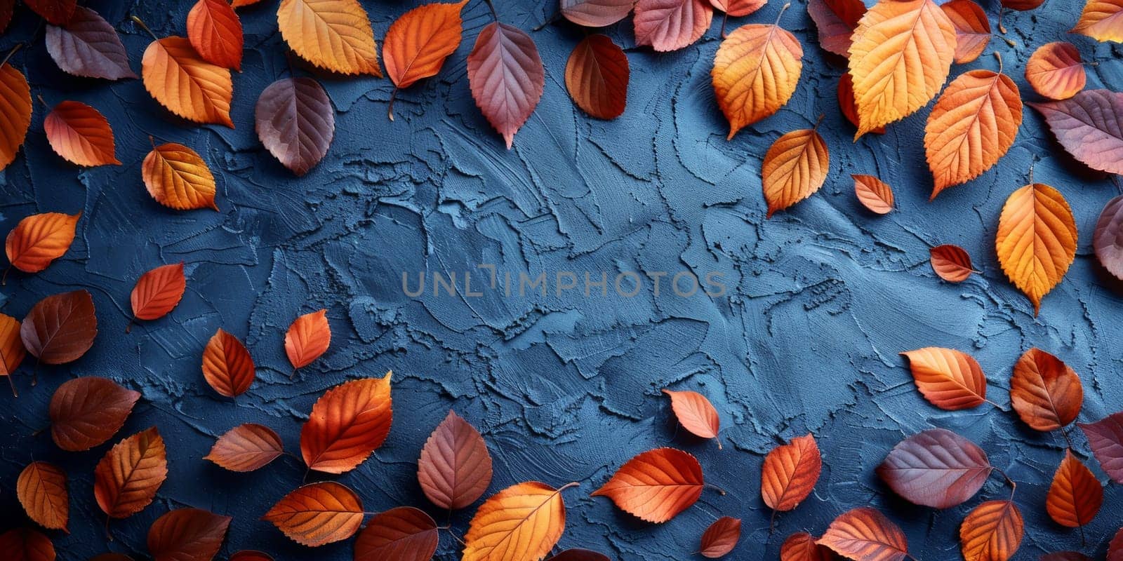 Autumn leaves on blue textured background. Fall season concept.