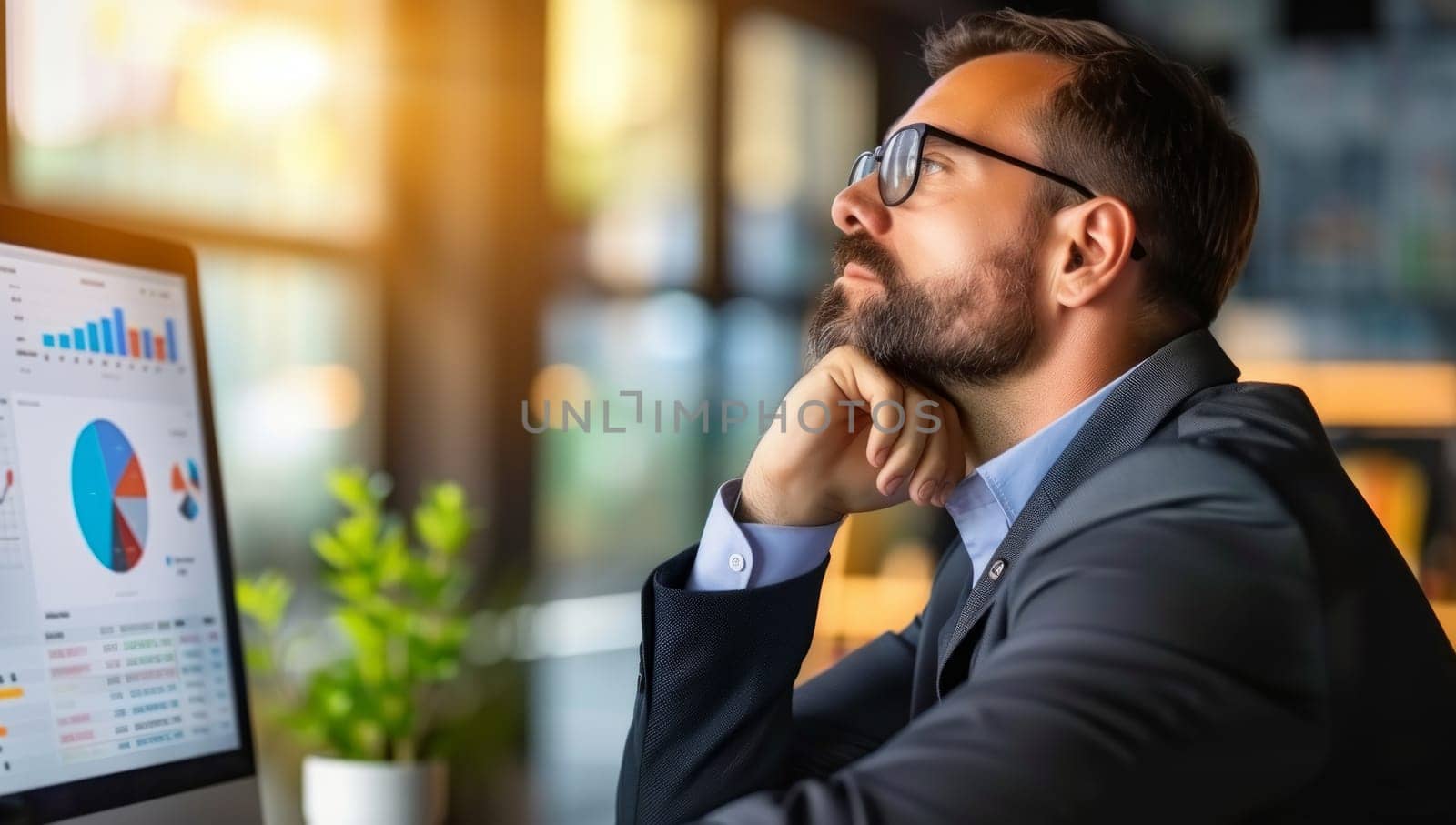 Bearded businessman analyzing data in office