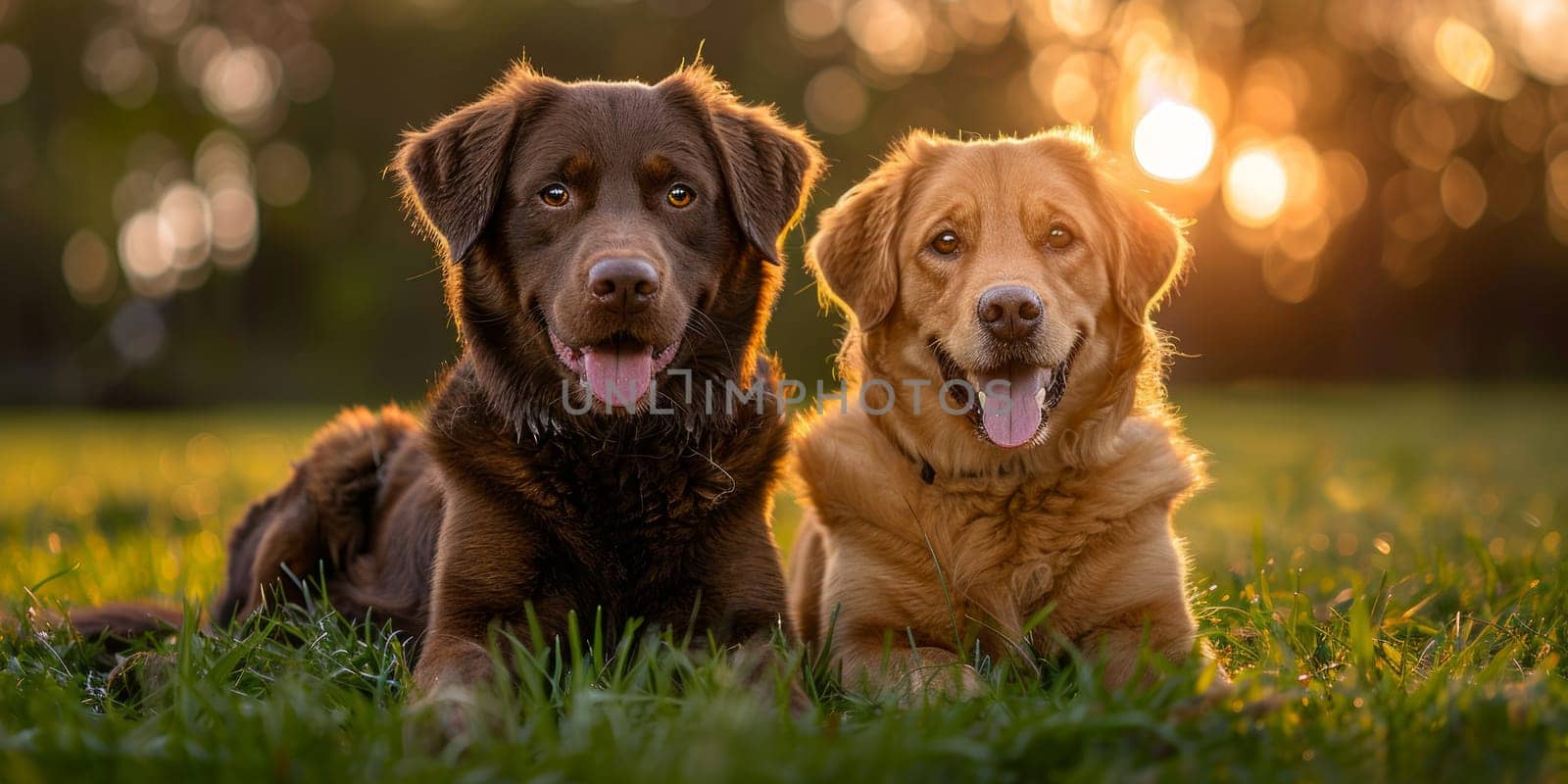 Two Labrador Retriever puppies sitting on the grass at sunset.