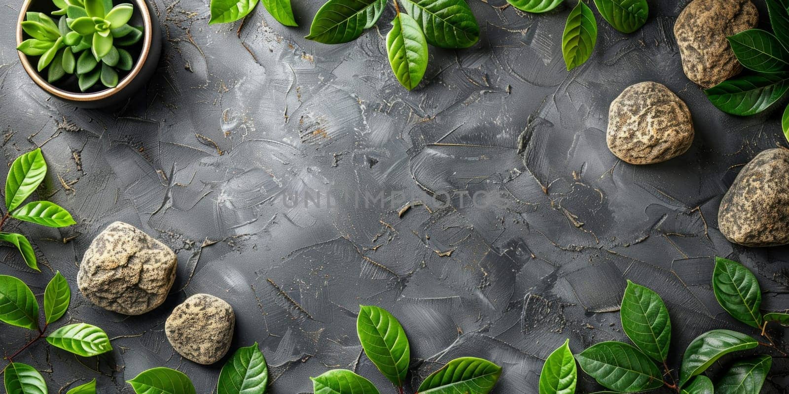 Green leaves and stones on grey background. Top view with copy space