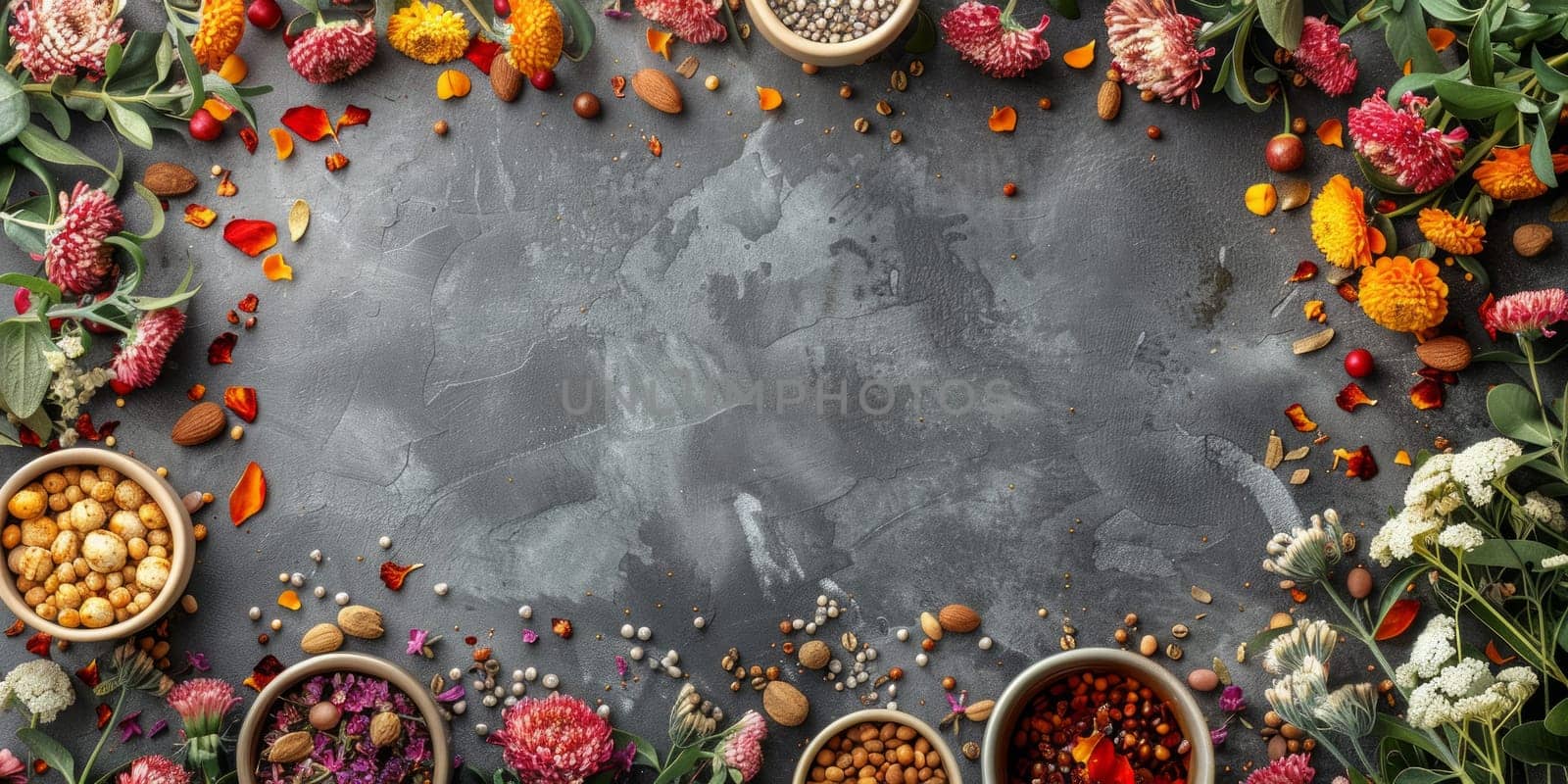Autumn composition. Frame made of dried flowers, nuts and herbs on grey background. Flat lay, top view, copy space