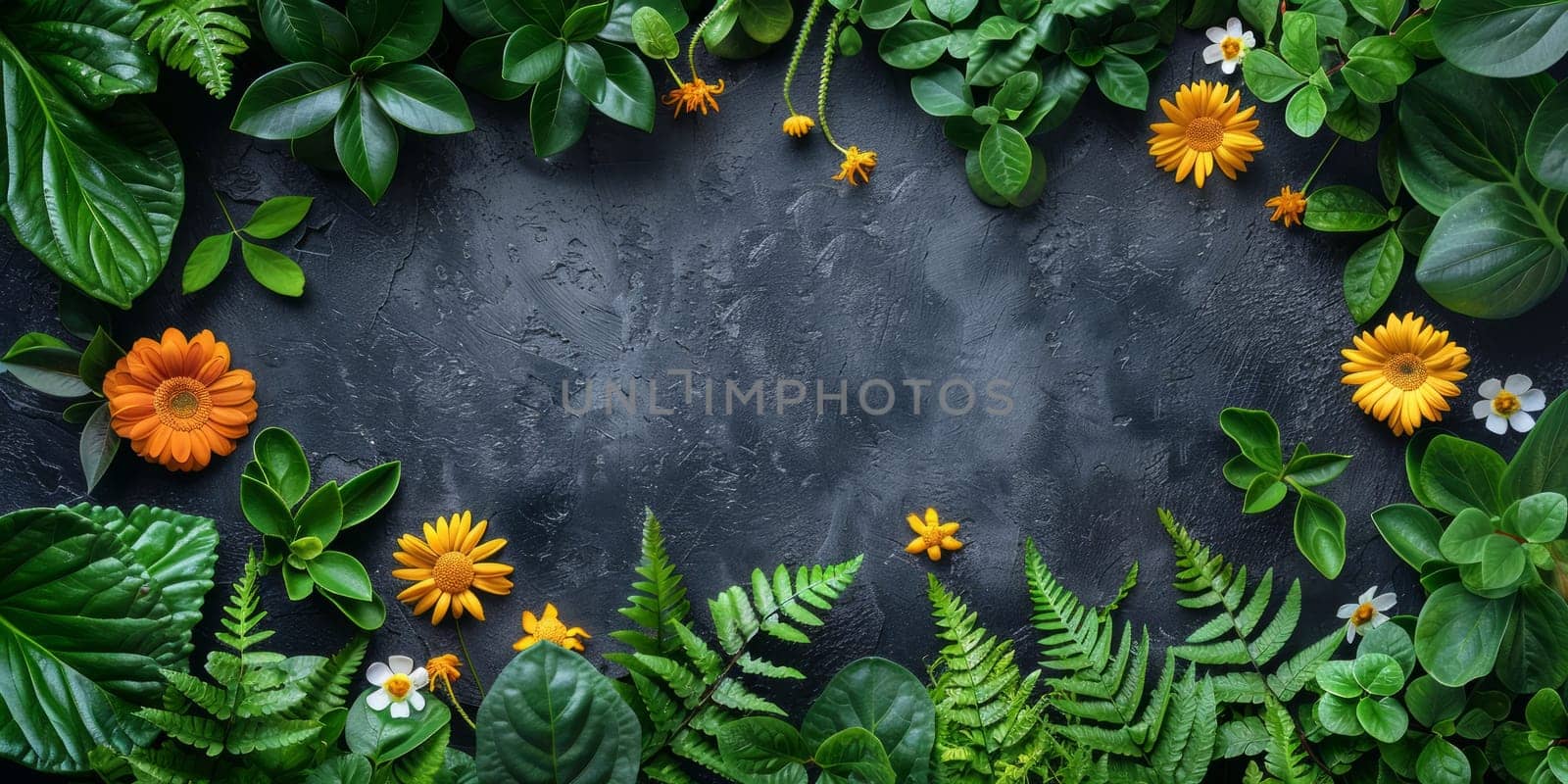 Lush Greenery and Blooming Flowers Surrounding Dark Textured Surface