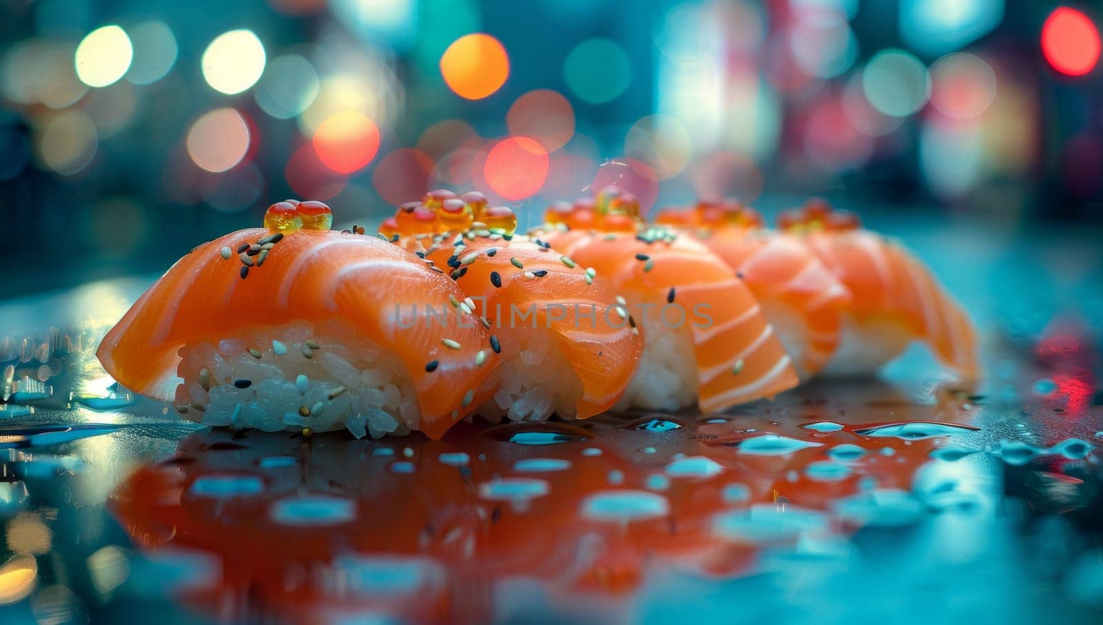 Sushi rolls with salmon and caviar on a restaurant table.