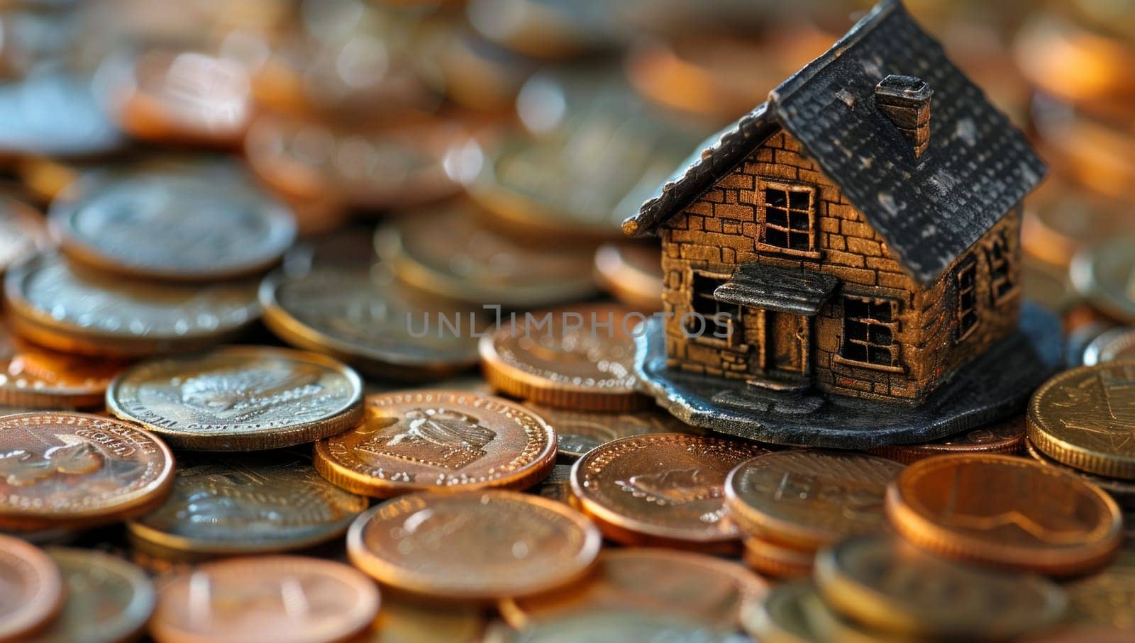 A miniature house atop a pile of coins symbolizes real estate investment.