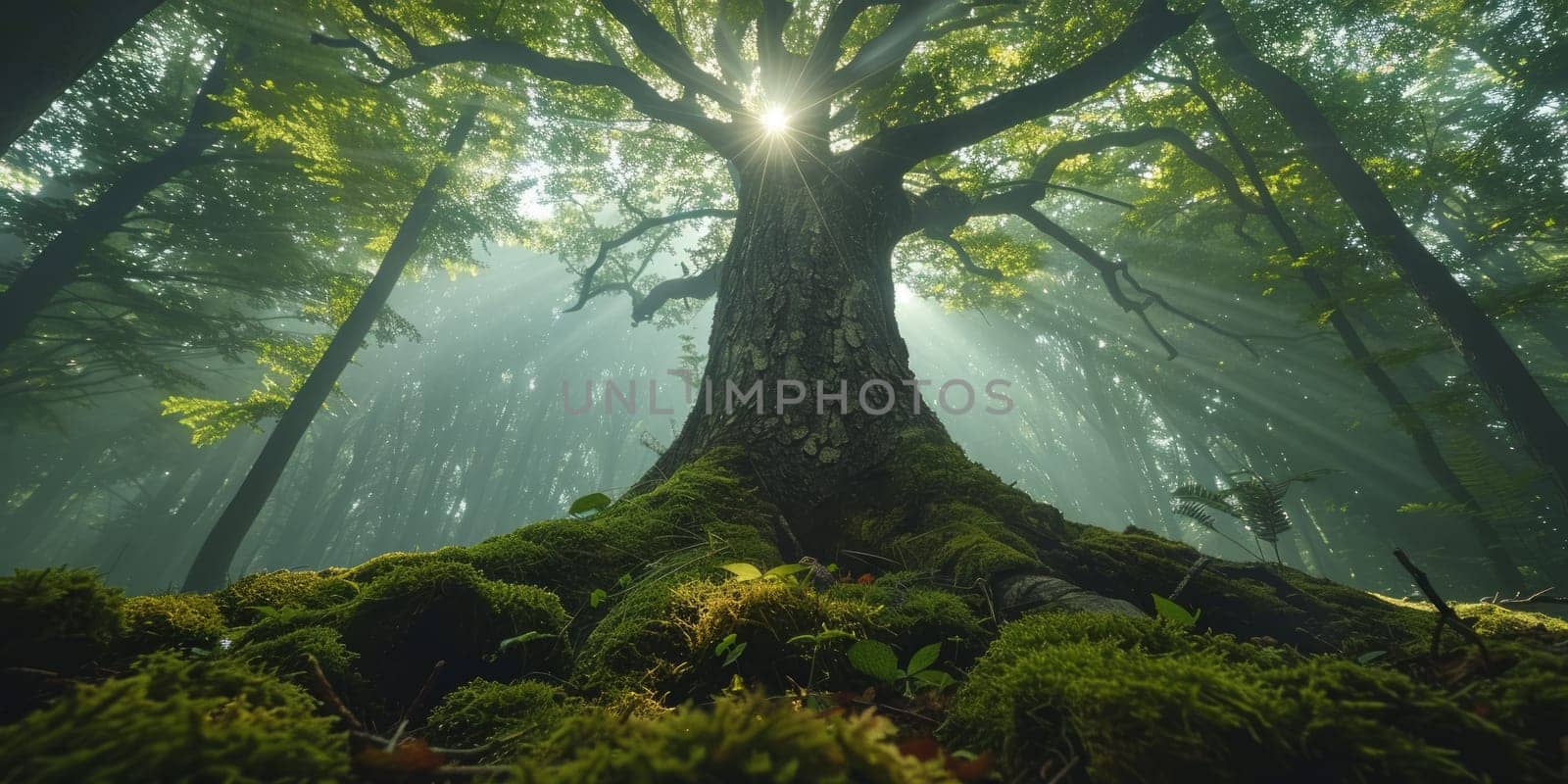 Beautiful green forest with sun rays shining through the old tree.