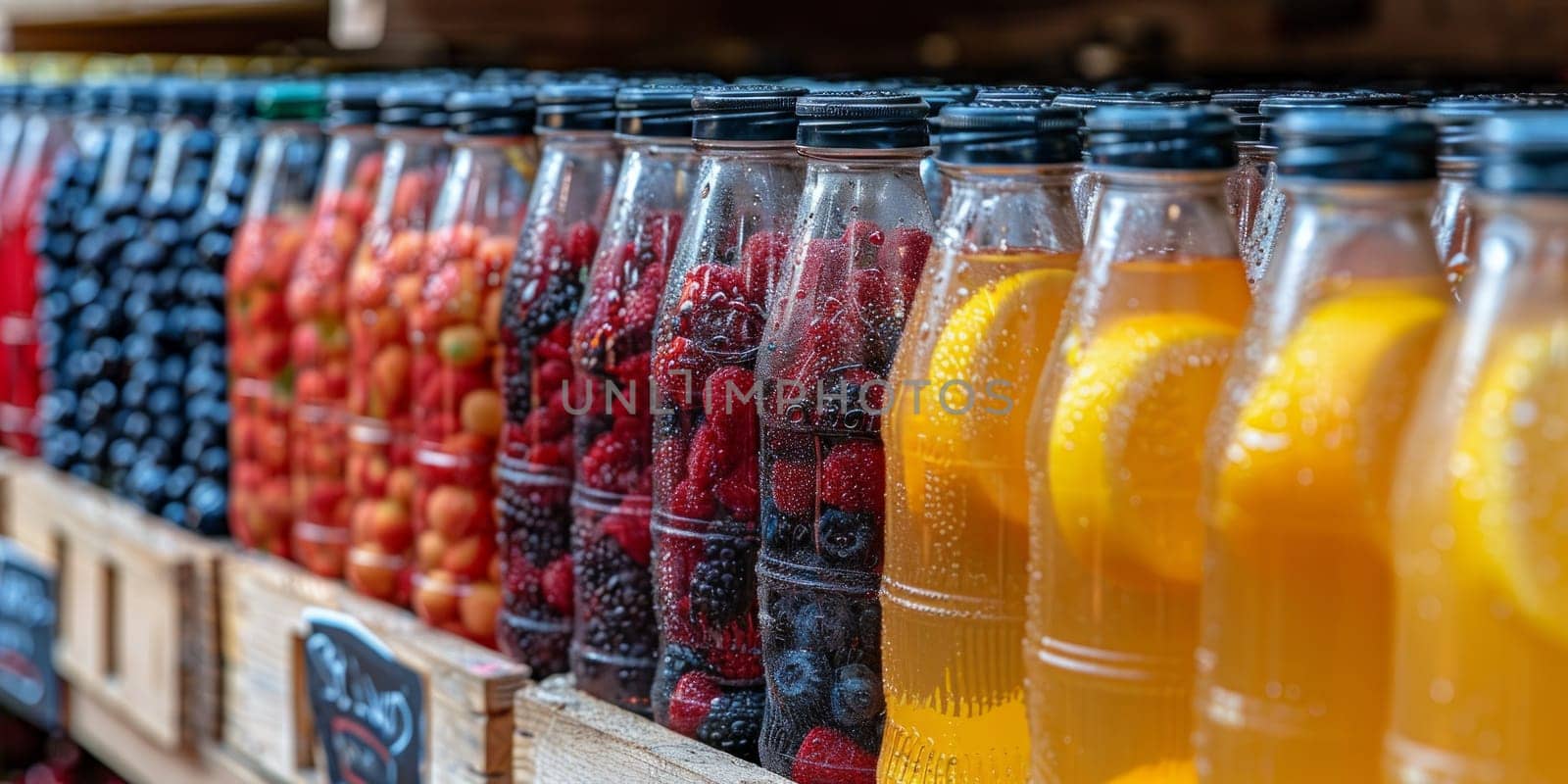Fruit and berry juice in bottles on a market stall.