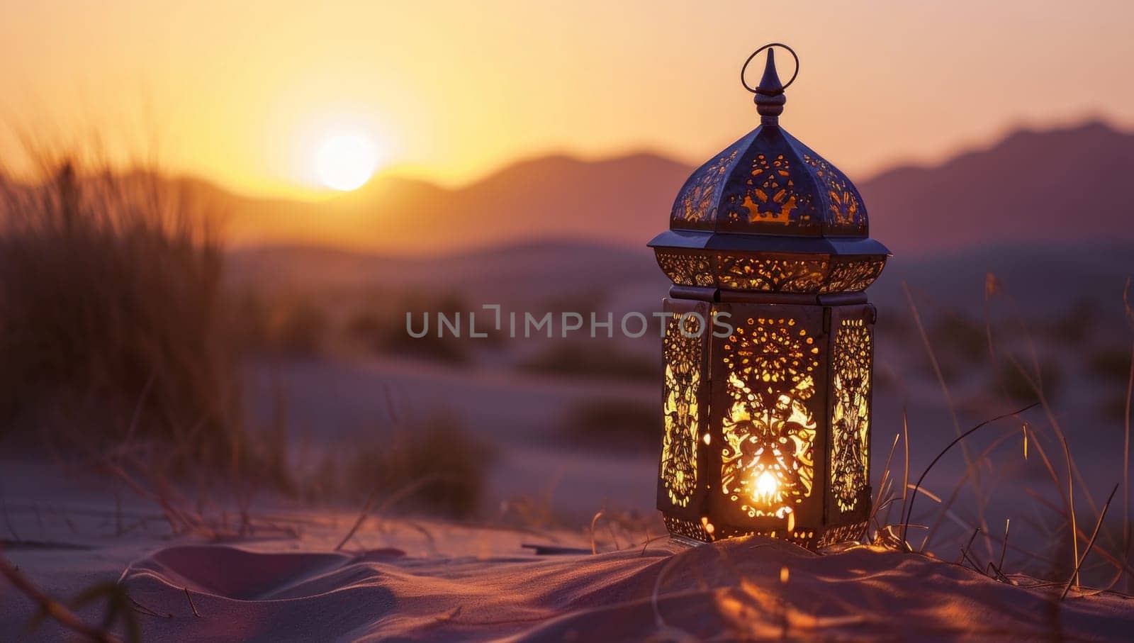 Lantern in the desert at sunset. Ramadan Kareem background