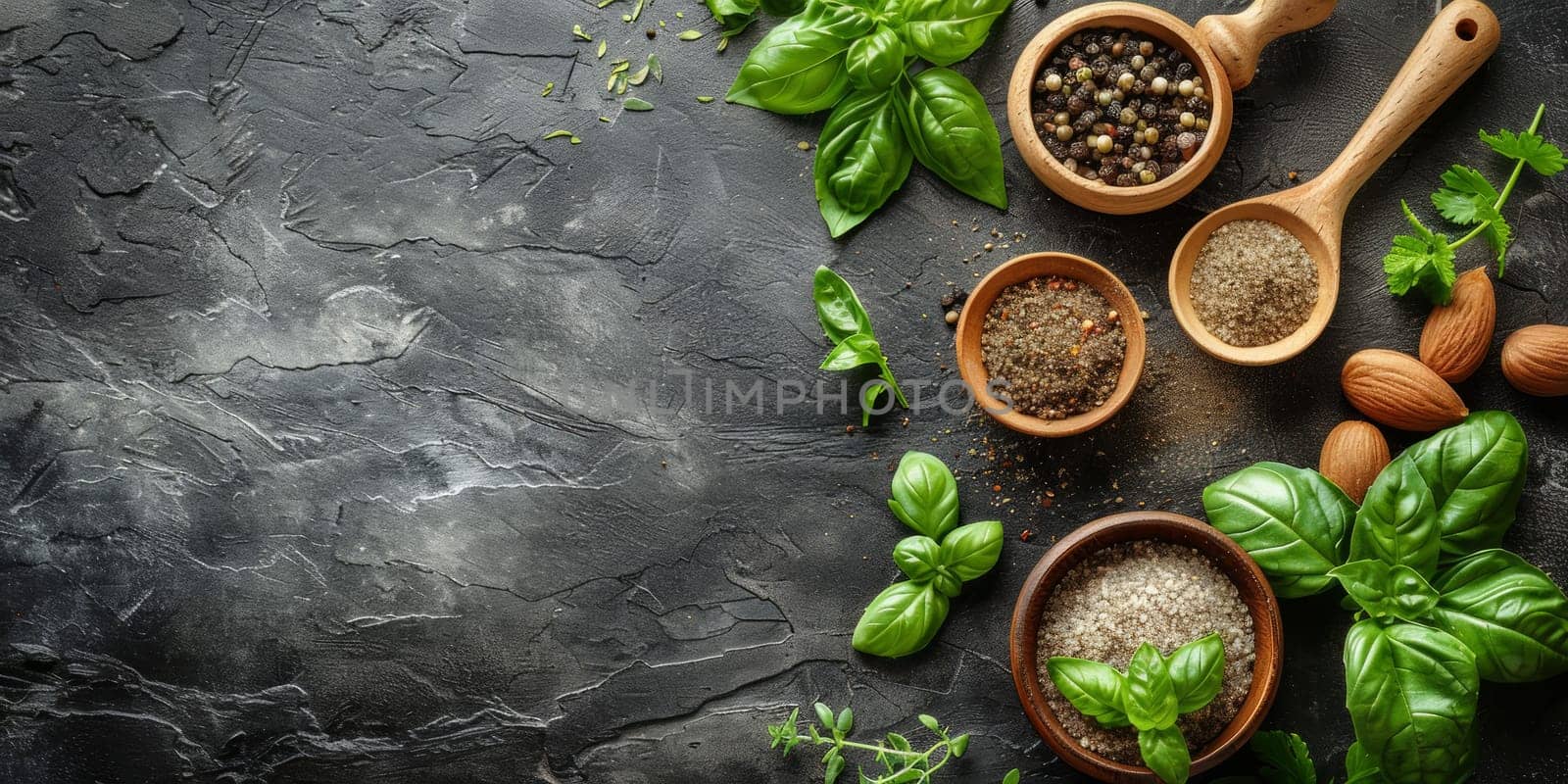 Various herbs and spices on black background. Top view with copy space