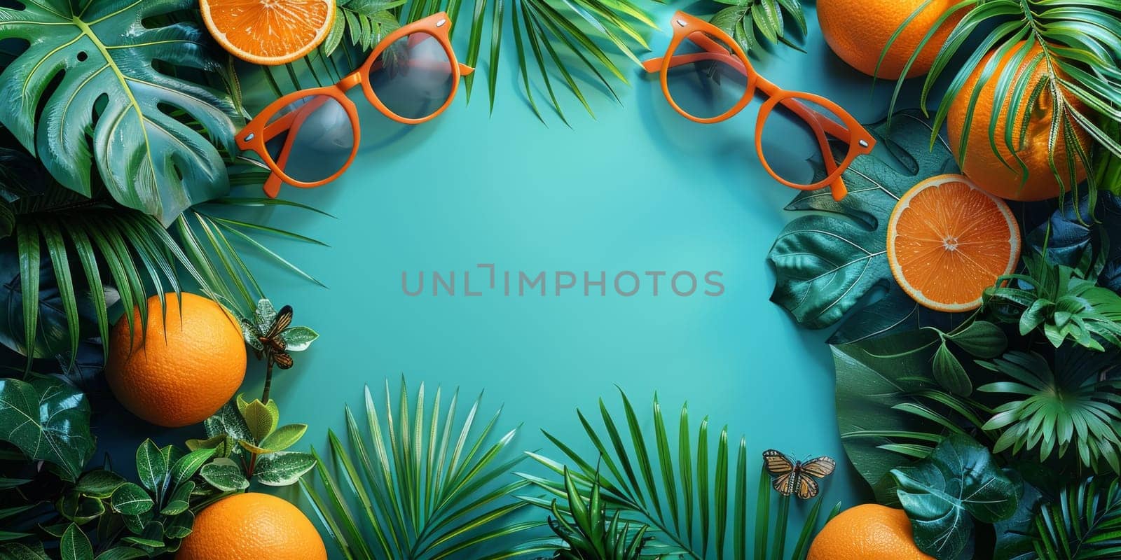 Creative layout made of tropical leaves and fruits on blue background. Flat lay, top view, copy space