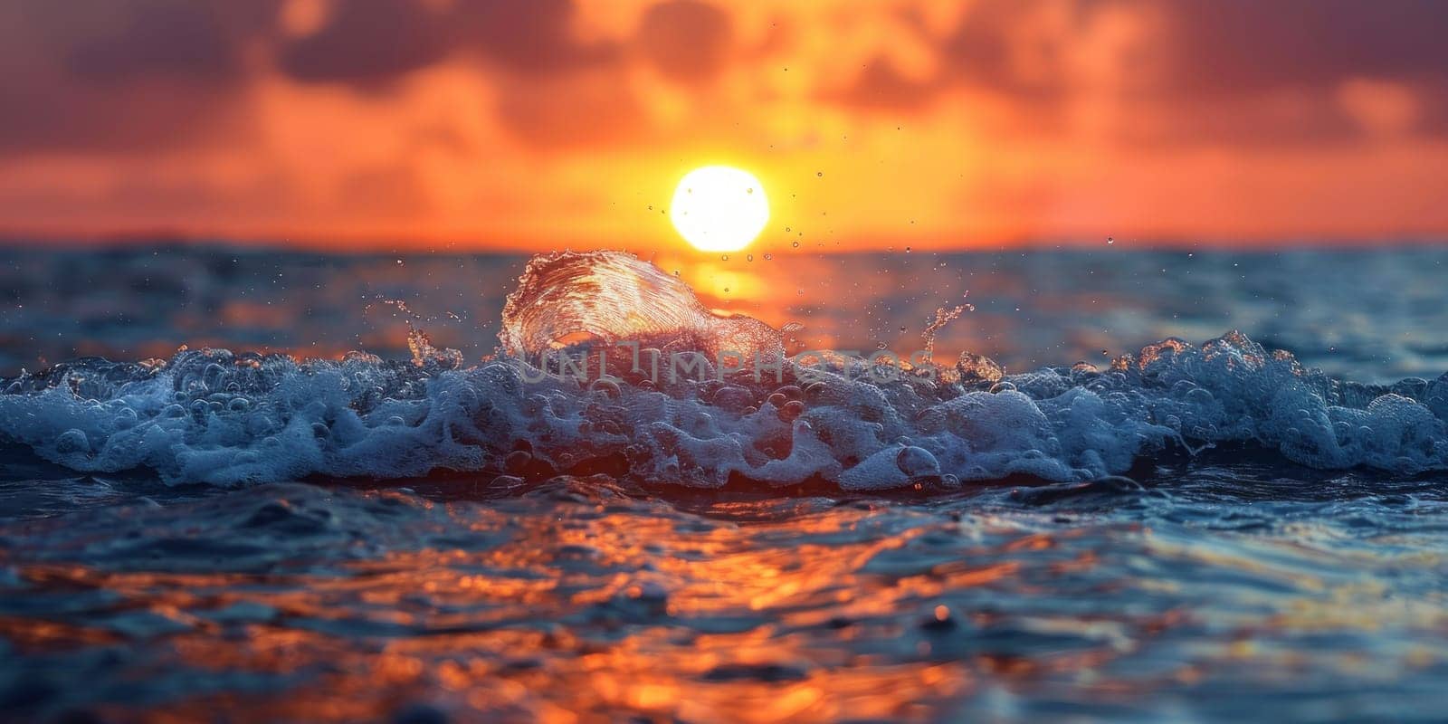Beautiful sunset on the sea with waves and splashes of water