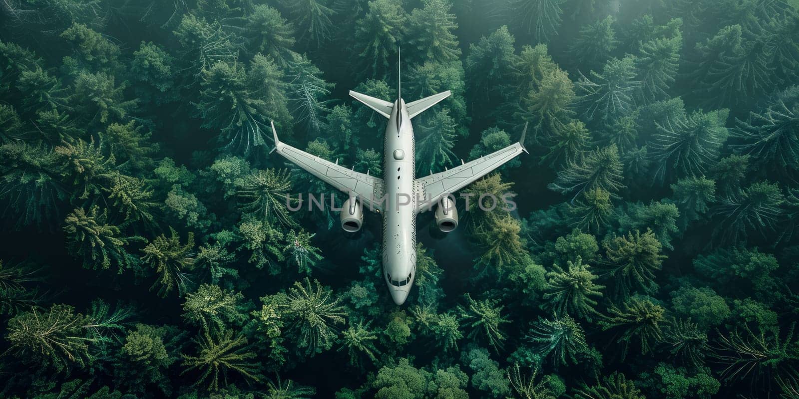 Aerial view of airplane flying over the tropical forest.