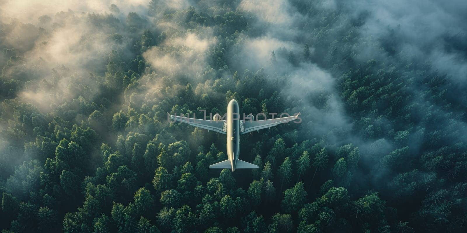 Airplane flying in the clouds over the forest.