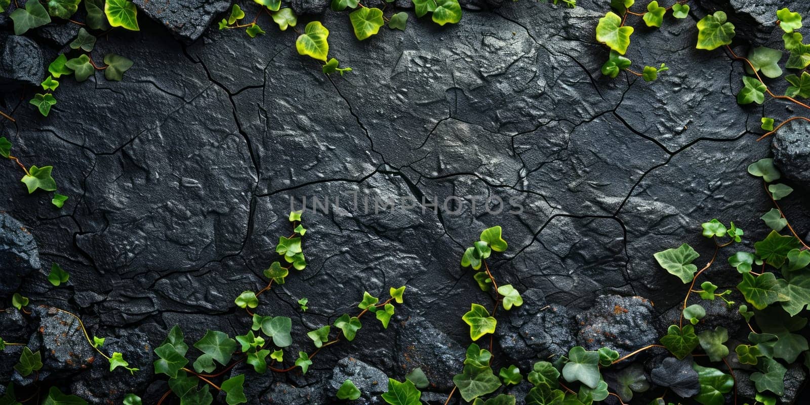 Green Creeper Plant on Black Cracked Ground Background. Natural Texture.