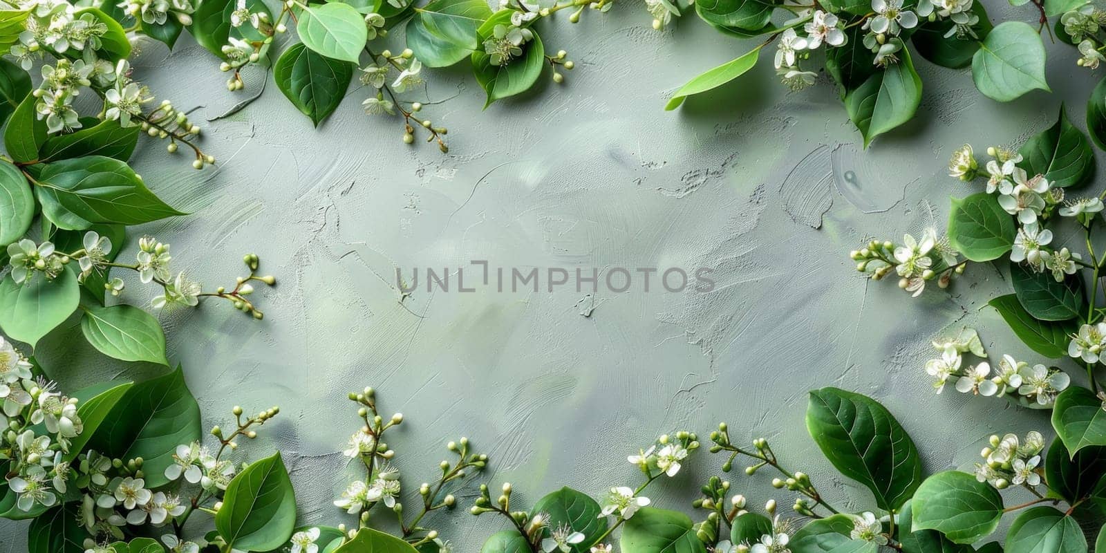 Spring flowers and green leaves on grey background. Flat lay, top view.