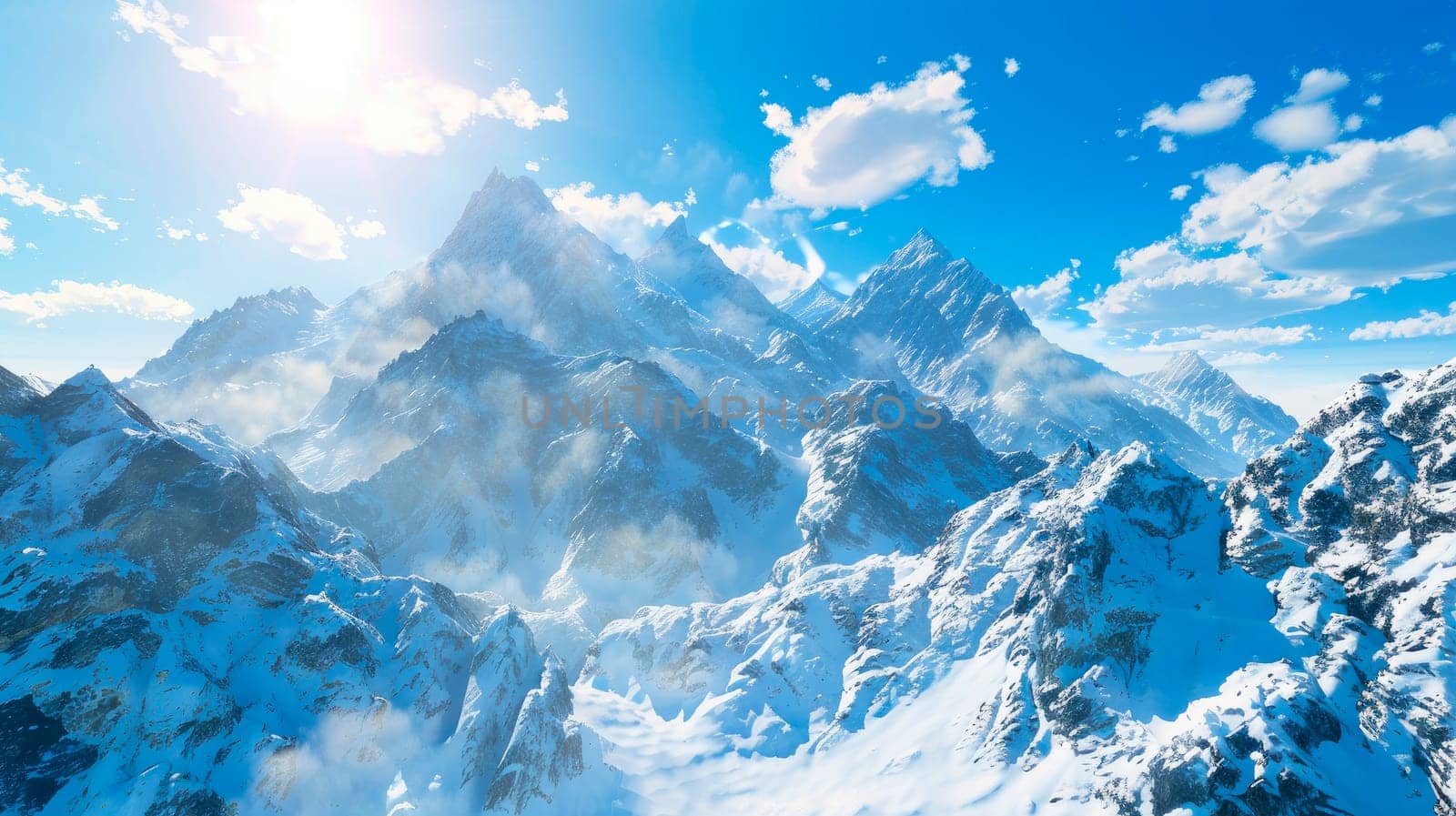 Beautiful landscape with peaks covered by snow and clouds. AI generated