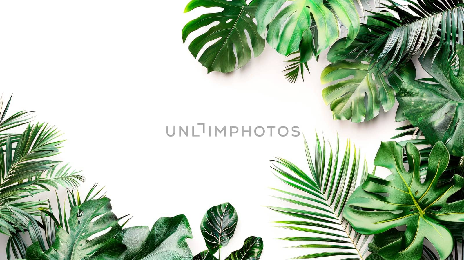 Tropical leaves foliage plants arrangement nature backdrop on white background. AI generated