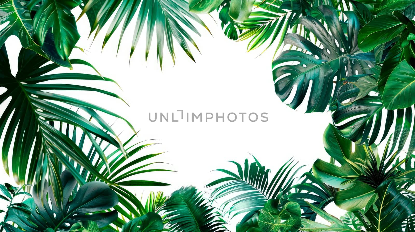 Tropical plants wallpaper design on white background. AI generated