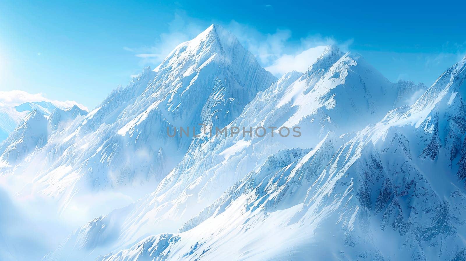 Top of high mountains, covered by snow. AI generated