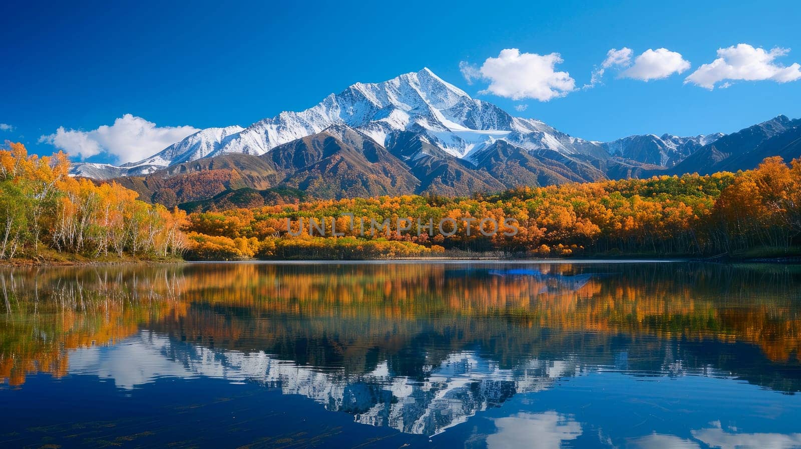 The snowy mountain in the sunshine with reflection at autumn forest lake. AI generated