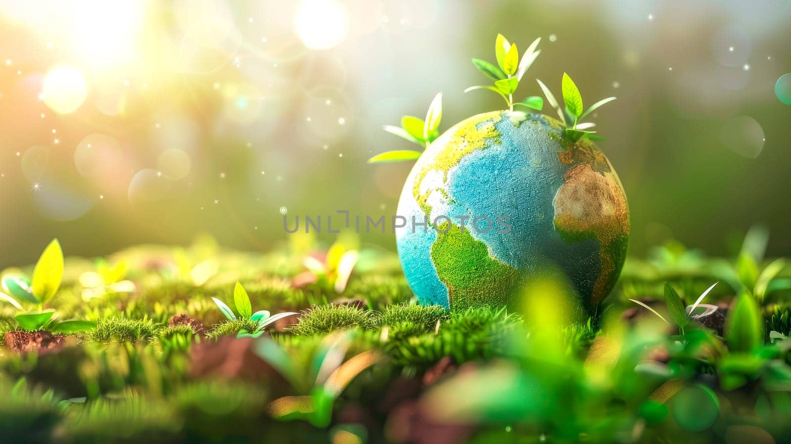 Planet earth with leaves. Environment concept,  globe in the green grass. AI generated
