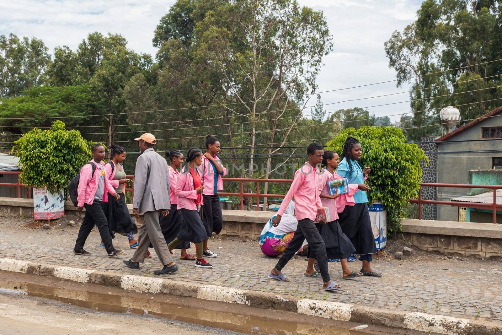 GONDAR, ETHIOPIA, APRIL 22.2019, Ethiopian students in uniform behind Fasiledes secondary school in Gondar City. Gondar, Ethiopia, April 22. 2019