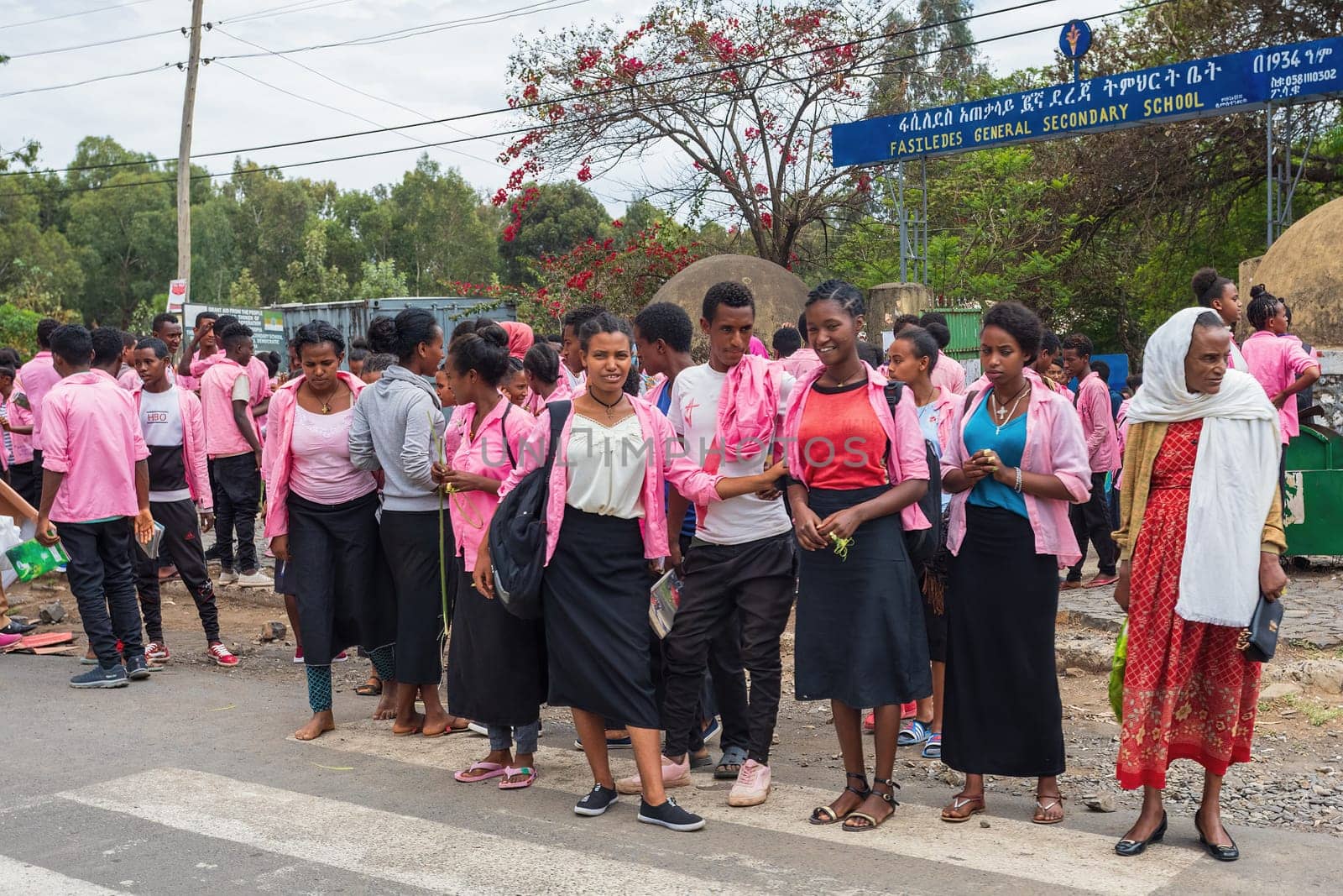GONDAR, ETHIOPIA, APRIL 22.2019, Ethiopian students in uniform behind Fasiledes secondary school in Gondar City. Gondar, Ethiopia, April 22. 2019