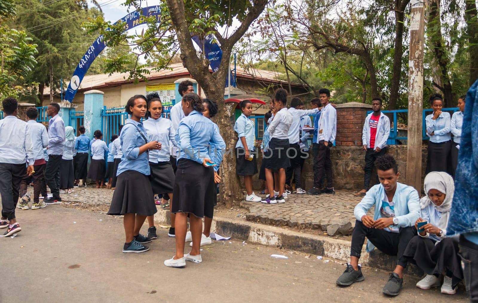 GONDAR, ETHIOPIA, APRIL 22.2019, Ethiopian students in uniform behind Fasiledes secondary school in Gondar City. Gondar, Ethiopia, April 22. 2019
